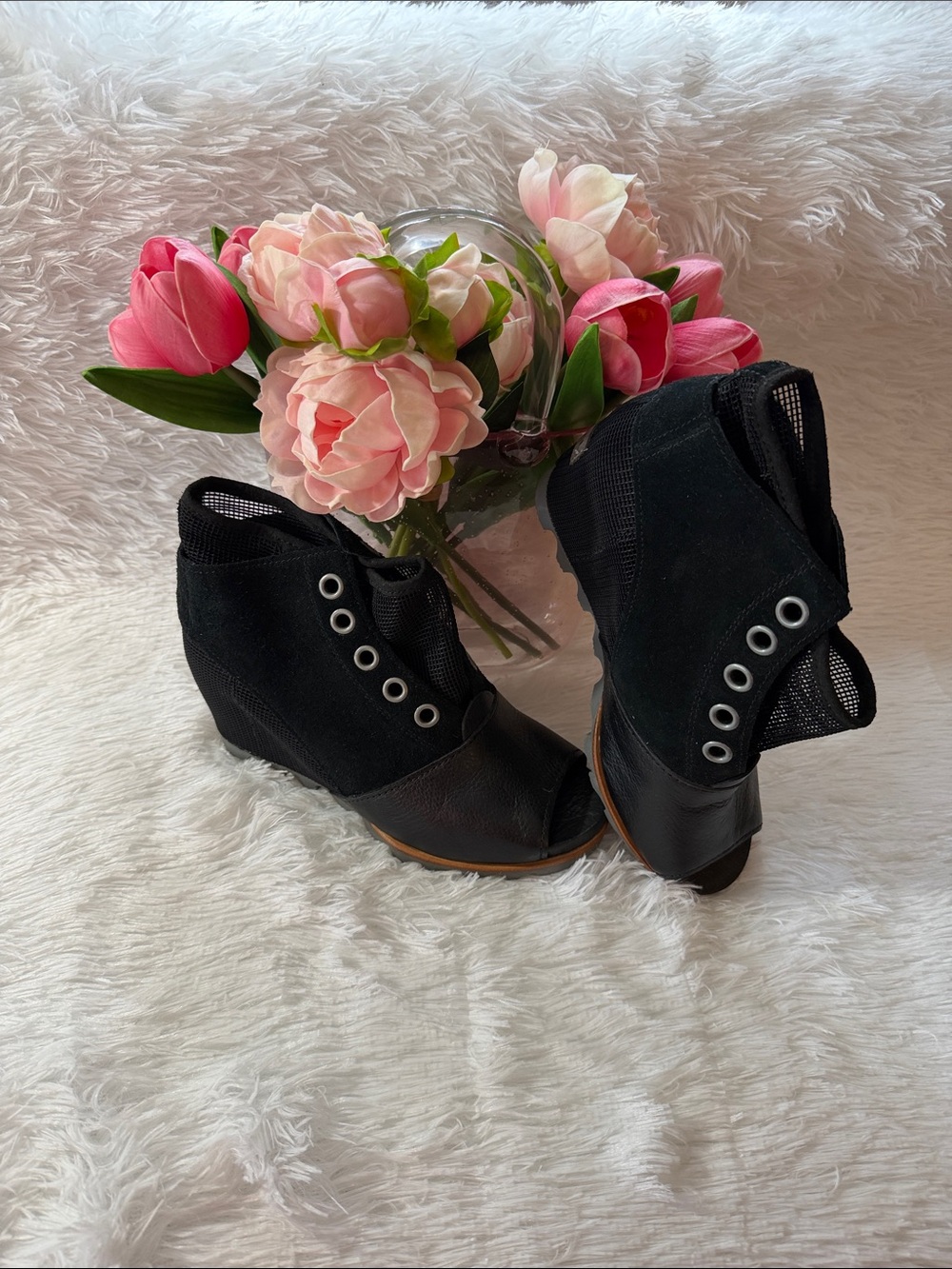Sorel Black Peep-Toe Wedge Ankle Booties with Eyelet Detail
